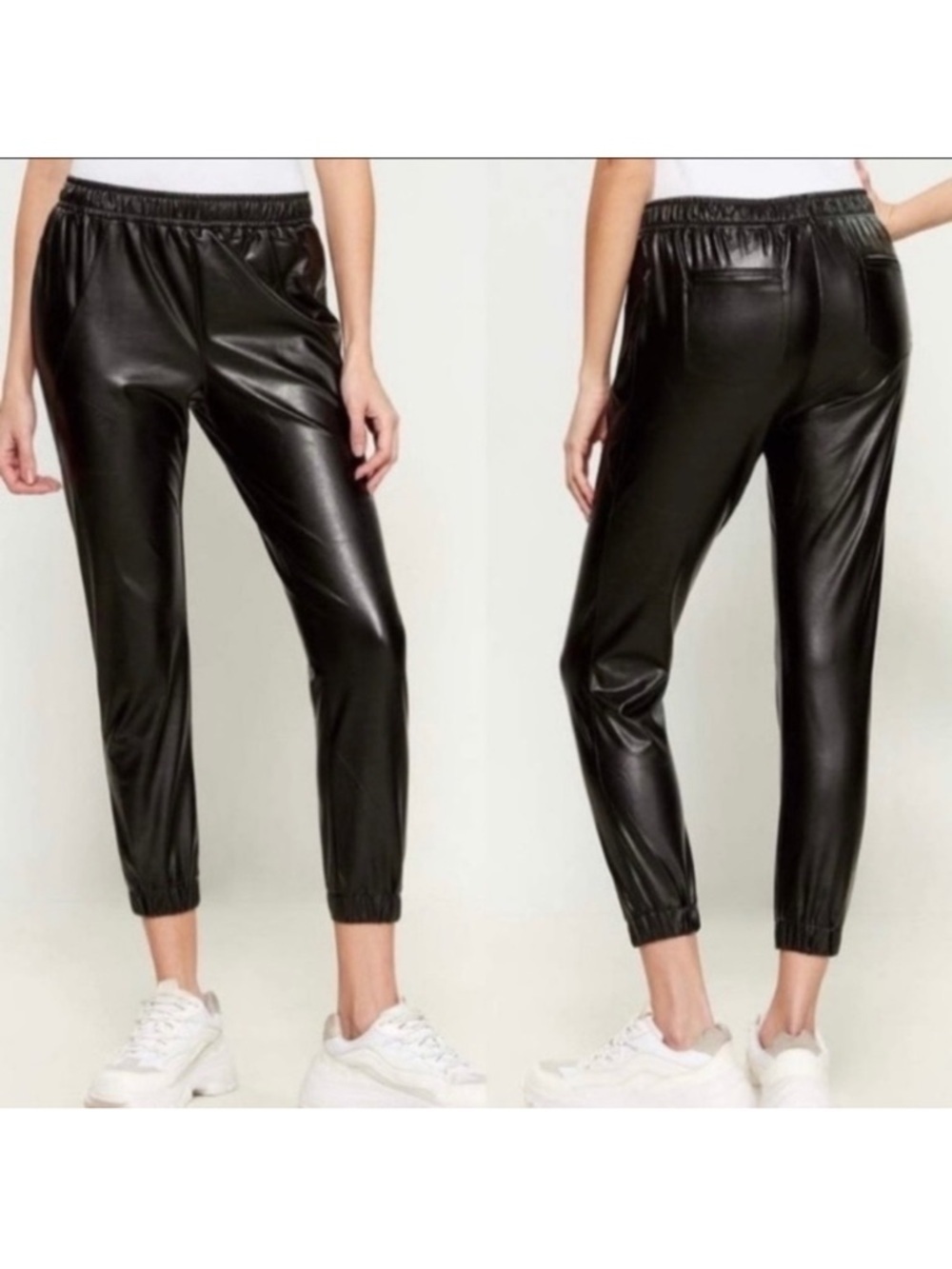 DAVID Lerner Black Faux Leather Sleek Pull on Track Pants